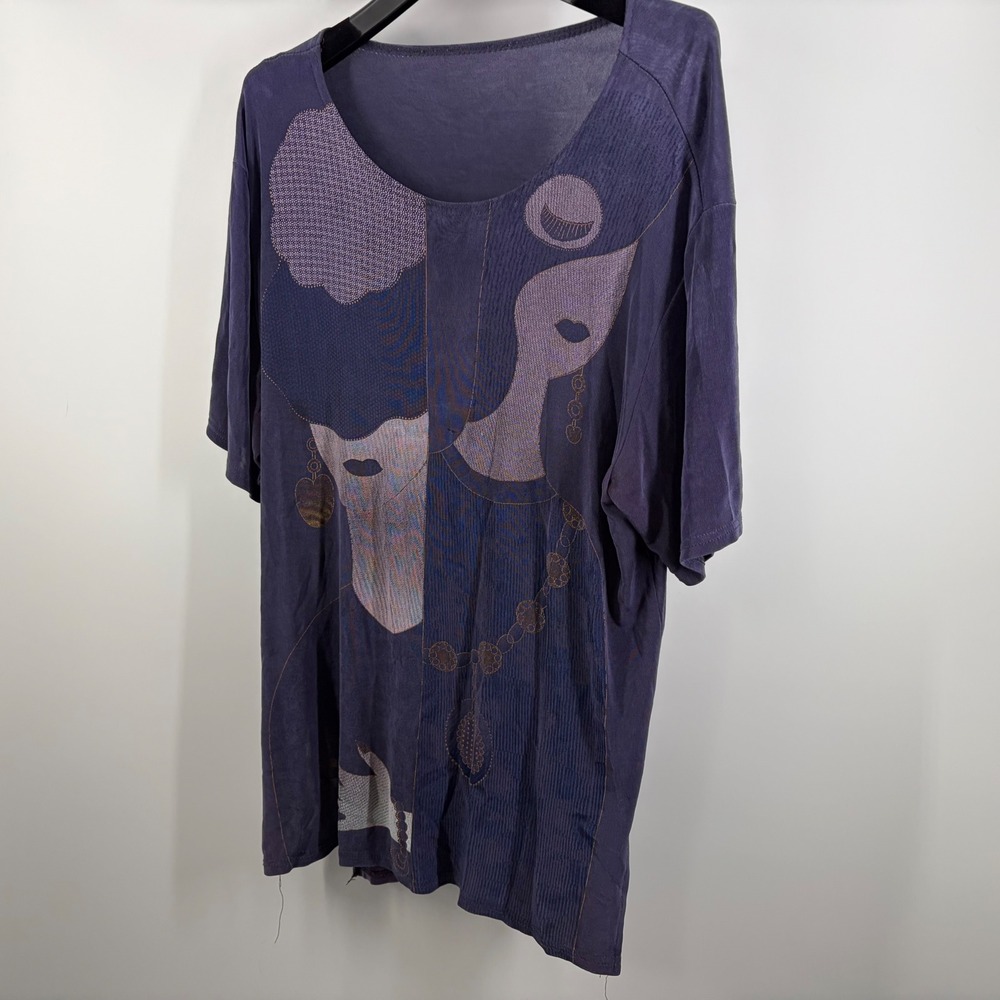 Subversive Grunge Purple Graphic Tee Abstract Portrait Patchwork Boho Blouse